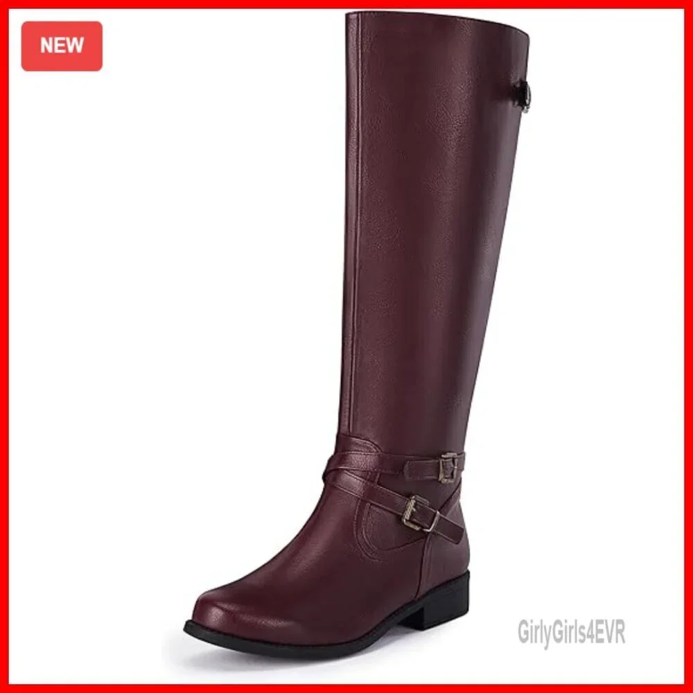 Wide Calf Knee High Boots Flat Heel Side Zipper Faux Leather Winter Riding